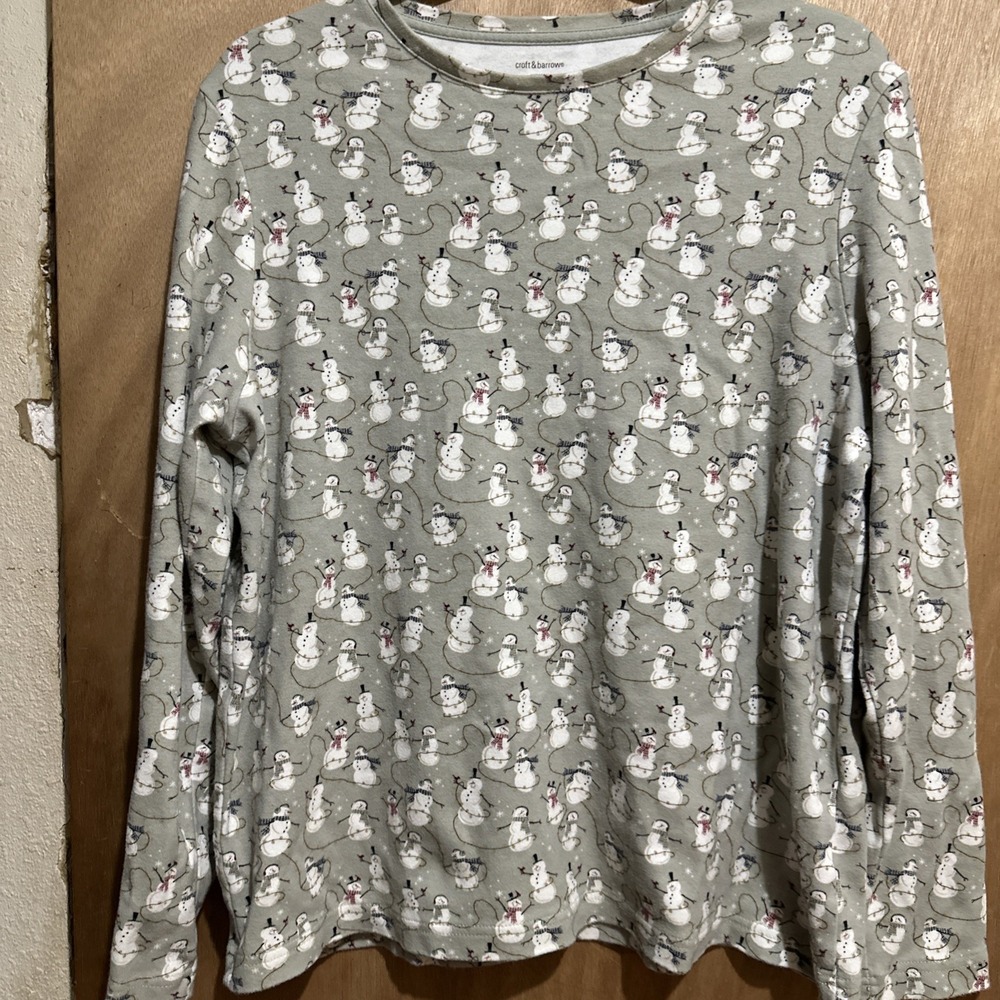 Croft & Barrow Womens 1X Snowman Print Long Sleeve Cotton Tee Sage Green Holiday